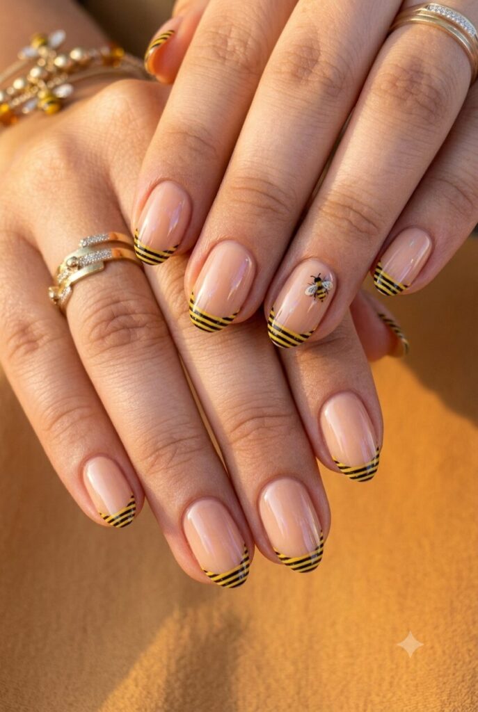 Short almond nails with nude base and tiny bee stripe tips