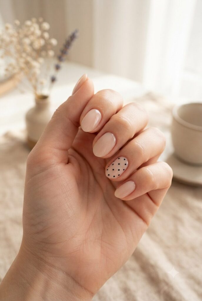 Short almond nails with nude base and tiny black polka dot accent