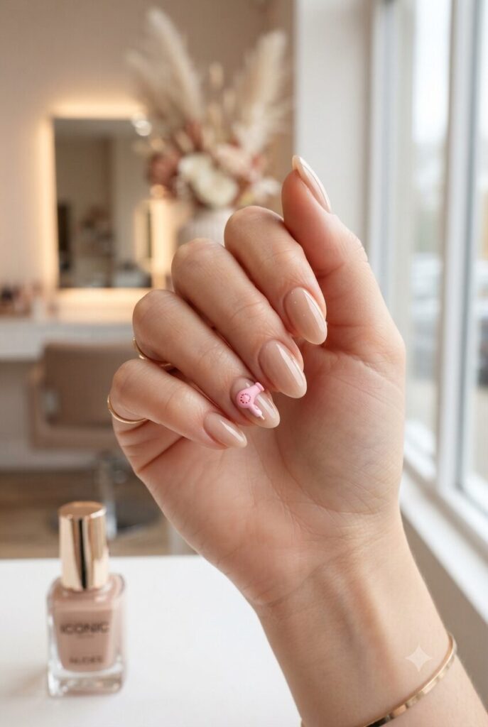 Short almond nails with nude base and tiny pink blow dryer accents