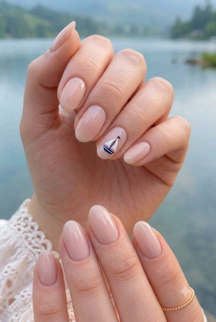 Short almond nails with nude base and tiny sailboat accent