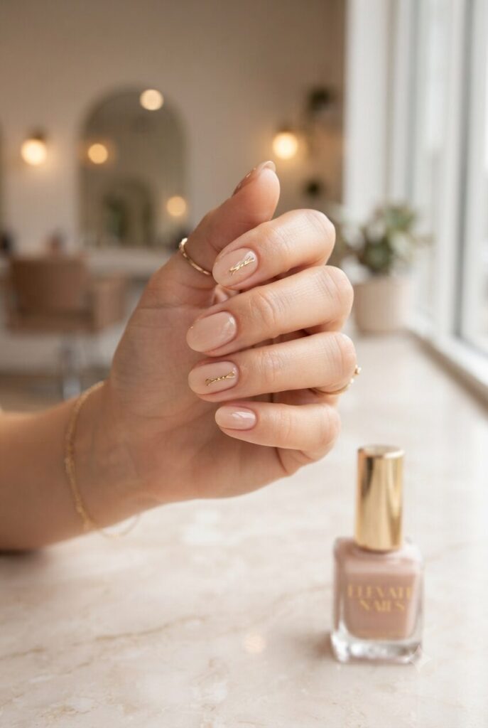 Short oval nails with nude base and tiny gold bobby pin accents