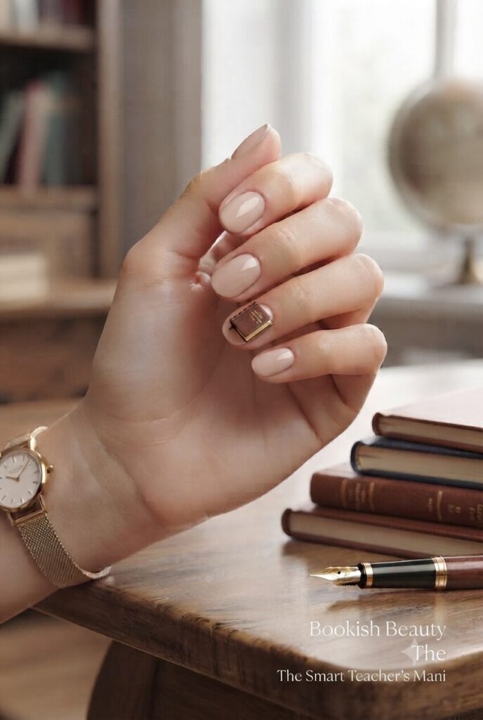 Short almond nails with nude base and tiny book accent