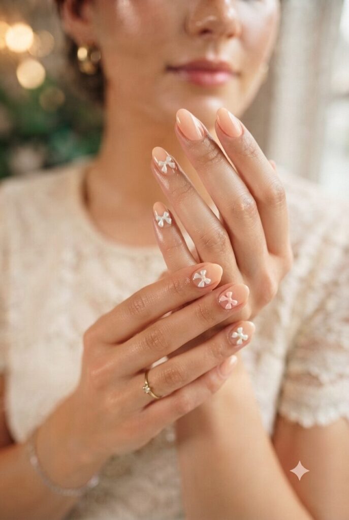 Short oval nails with nude base and tiny pink or white bow accents