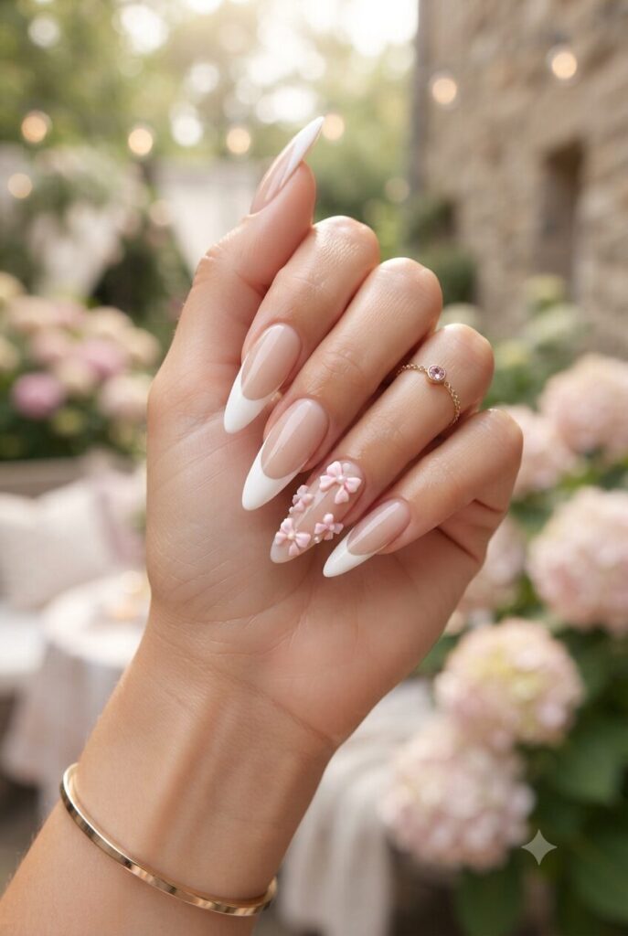 Long stiletto nails with white French tips and tiny pink bow accents