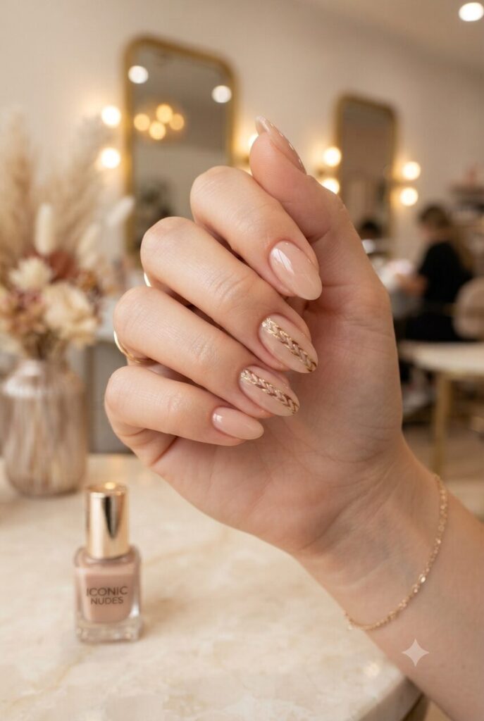 Short almond nails with nude base and tiny gold or brown braid accents