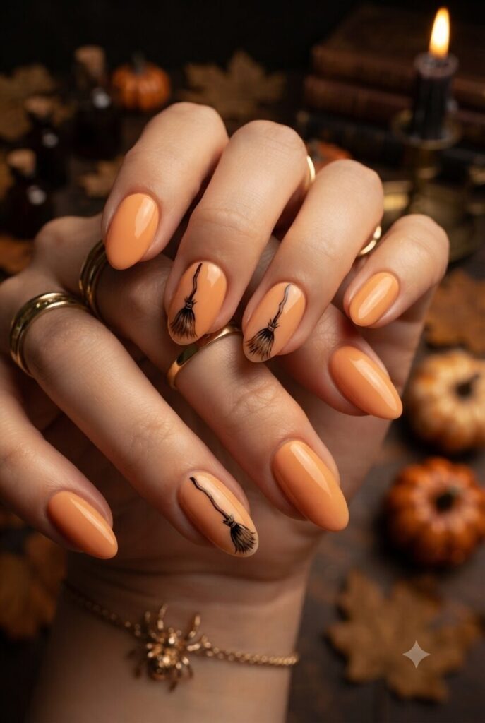 Short almond nails with soft orange base and tiny black broomstick accents