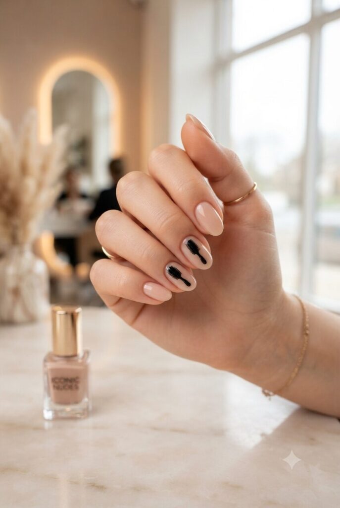 Short oval nails with nude base and tiny black hair brush accents