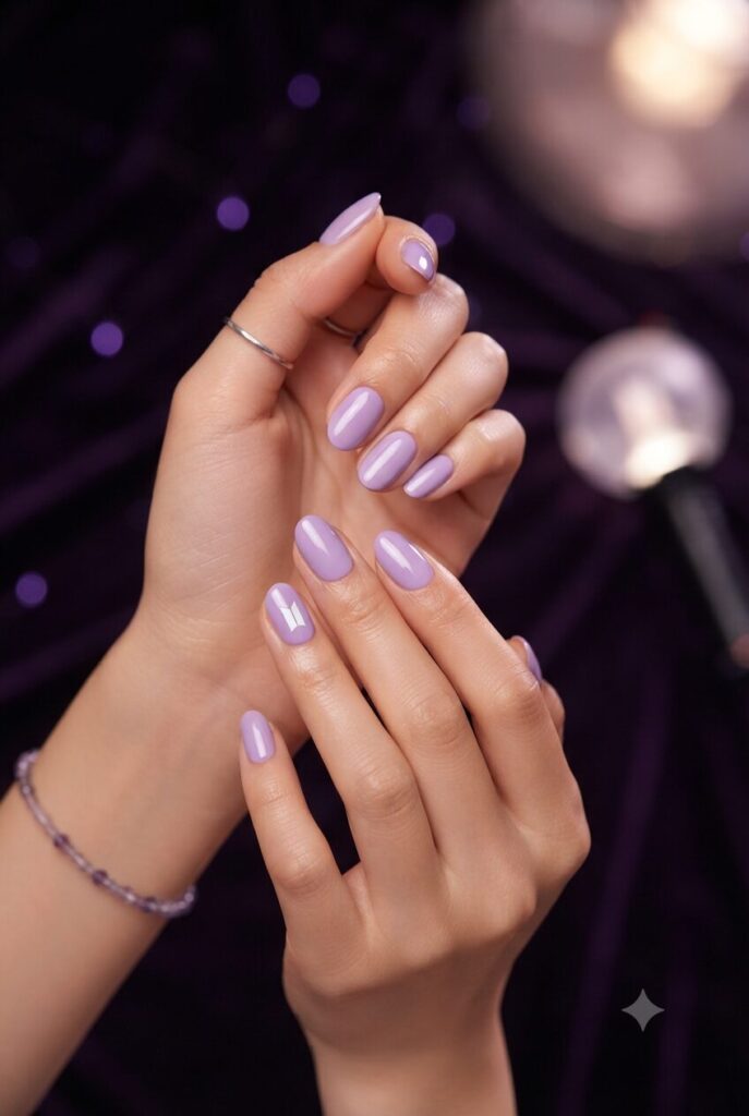 Short almond nails with lavender base and tiny white BTS logo accent