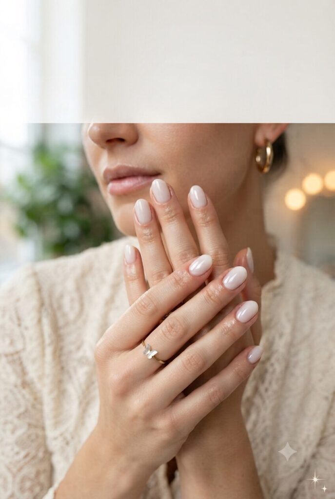 Short oval nails with soft nude base and tiny butterfly accent
