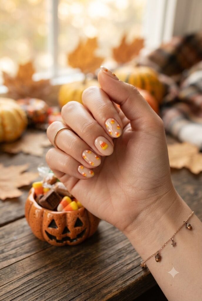 Short oval nails with nude base and tiny candy corn accents
