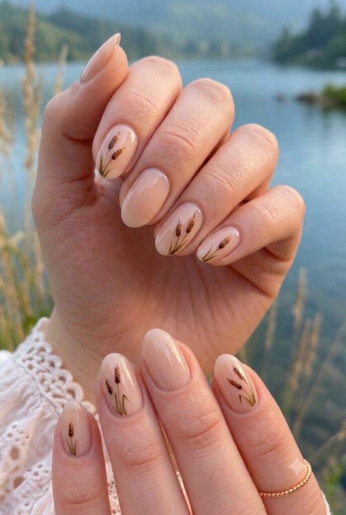 Short almond nails with nude base and tiny brown cattail accents