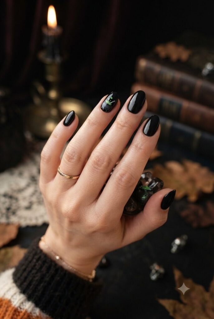 Short almond nails with black base and tiny green cauldron accents