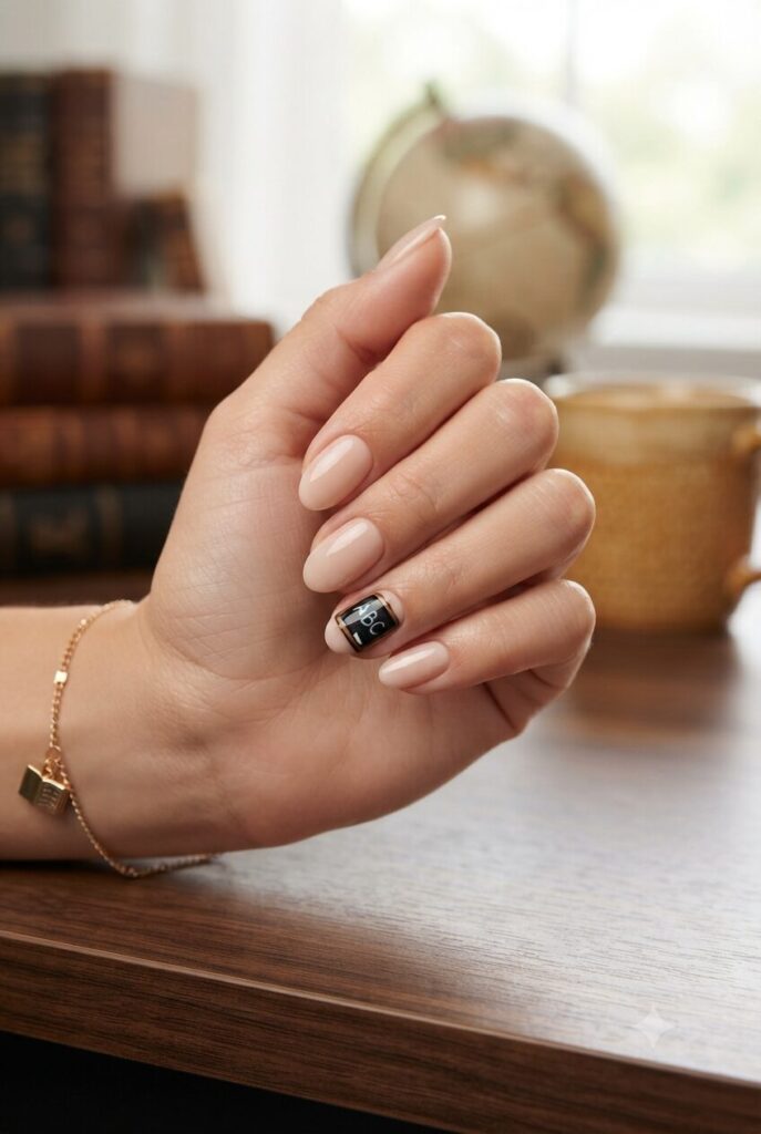 Short almond nails with nude base and tiny black chalkboard accent