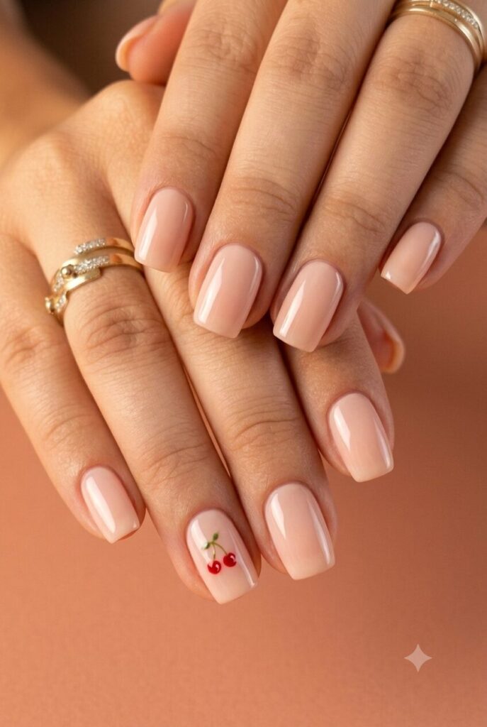 Short squoval nails with blush base and tiny red cherry accent