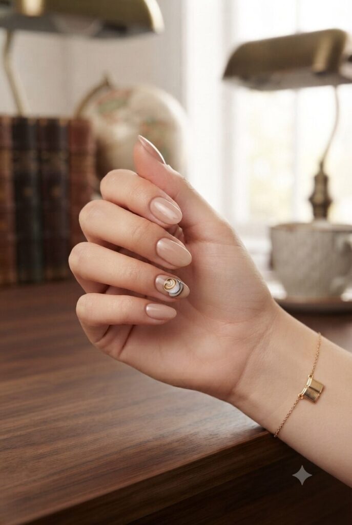 Short almond nails with nude base and tiny coffee cup accent