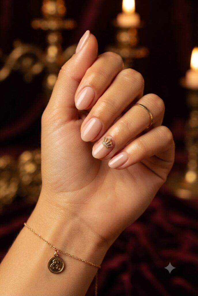 Short almond nails with nude base and tiny gold crown accent