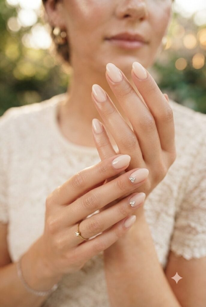 Short almond nails with nude base and tiny clear crystal gem accents