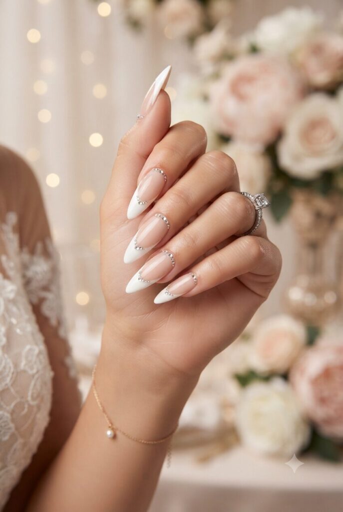 Long stiletto nails with white French tips and clear crystal gem accents