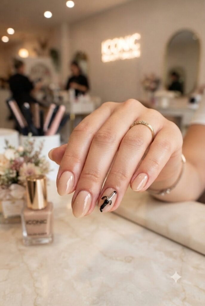 Short almond nails with nude base and tiny black curling iron accents