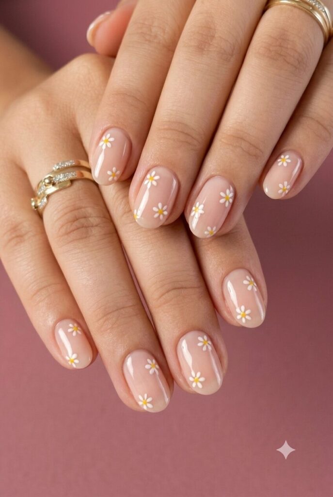 Short oval nails with white base and tiny yellow daisies