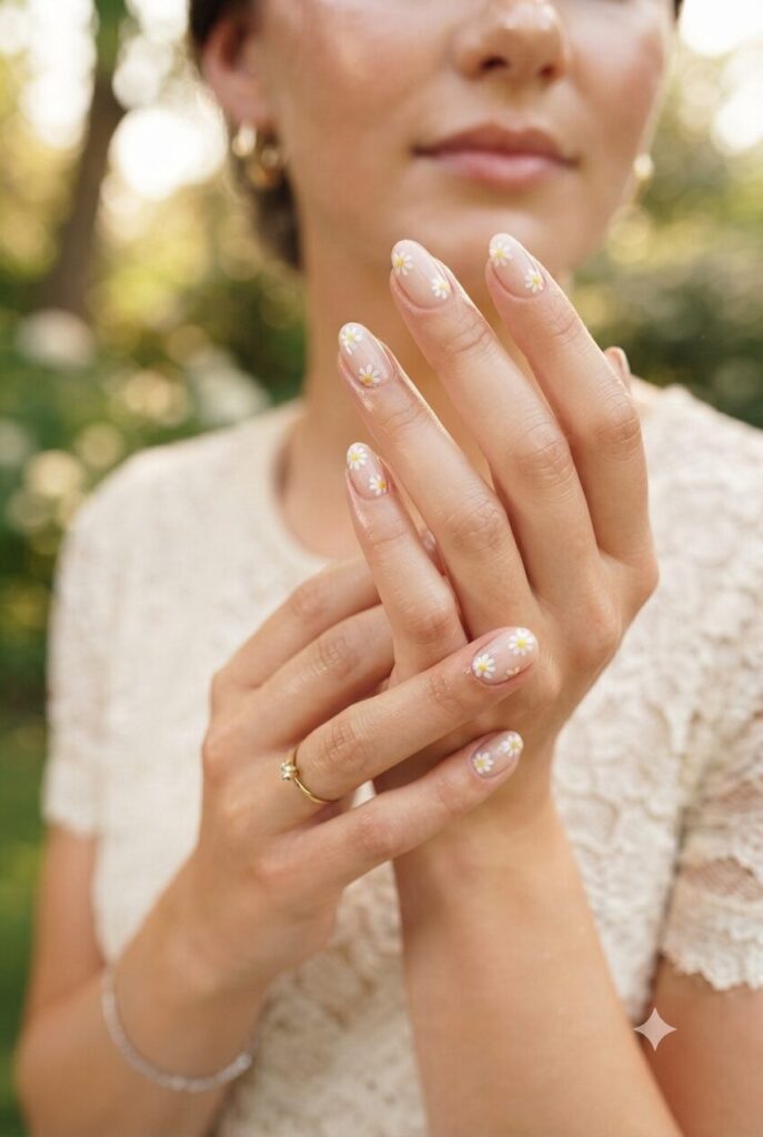 Short oval nails with soft white base and tiny daisy accents