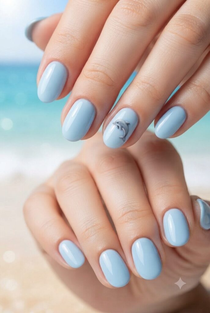 Short oval nails with blue base and tiny gray dolphin accent