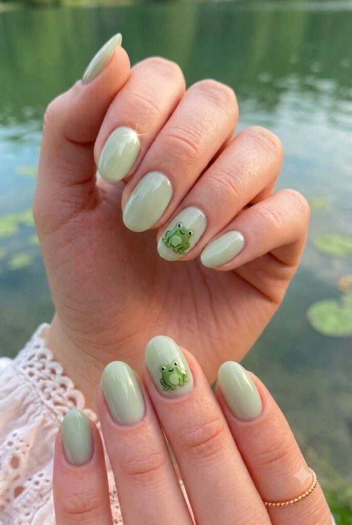 Short oval nails with pale green base and tiny cute frog accent