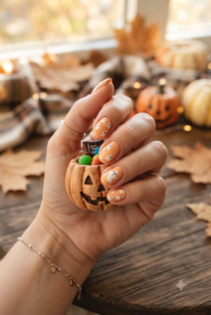 Short oval nails with soft orange base and tiny white ghost accents