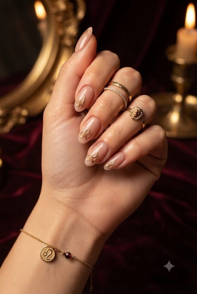 Short almond nails with nude base and tiny gold flame accents