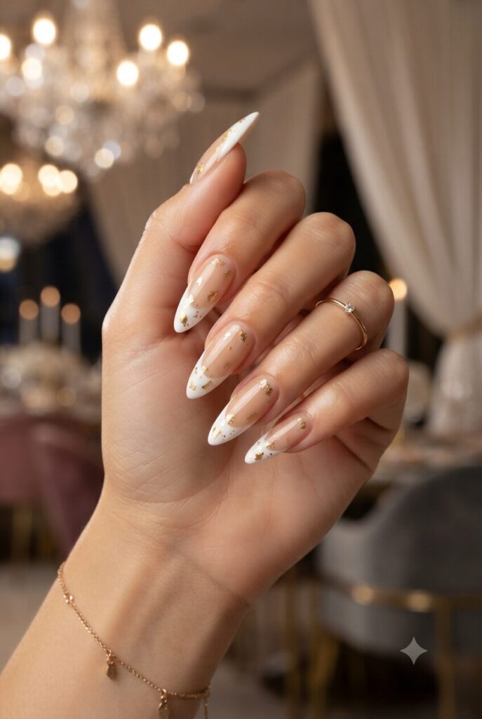 Long stiletto nails with white French tips and gold foil accents
