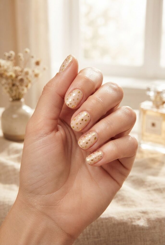 Short oval nails with nude base and tiny gold foil polka dots