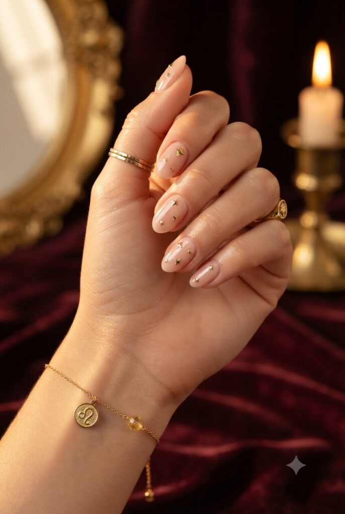 Short almond nails with nude base and tiny gold star accents