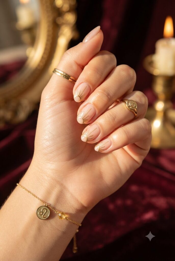Short almond nails with nude base and tiny gold sunbeam line accents