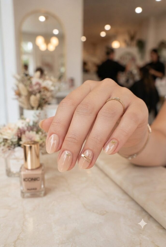 Short oval nails with nude base and tiny pink or gold hair clip accents