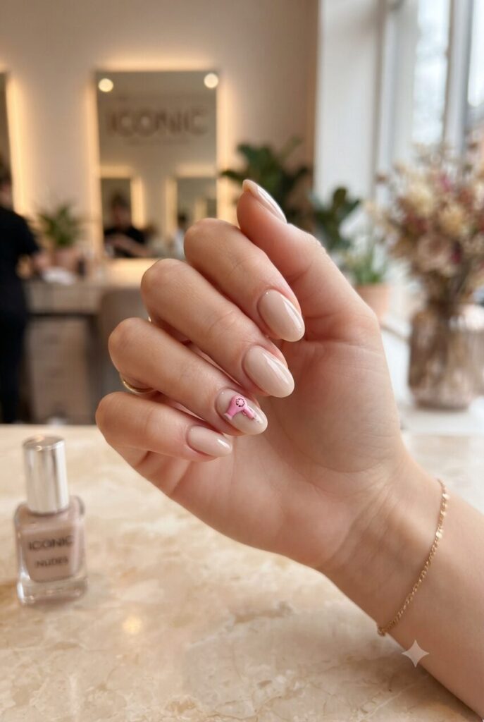 Short almond nails with nude base and tiny pink hair dryer accent