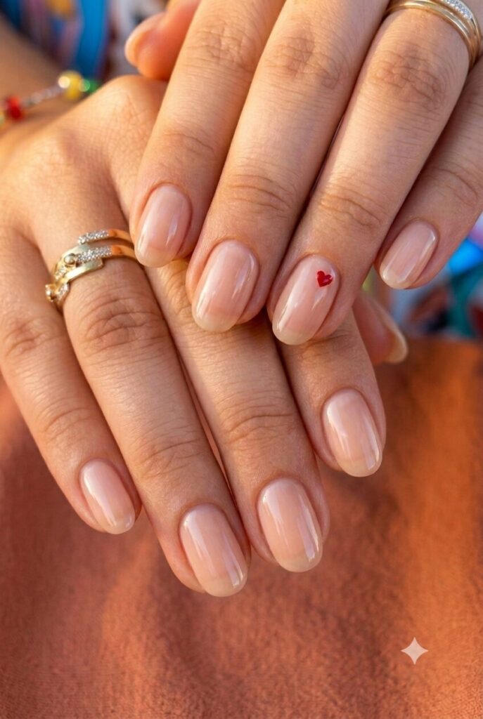 Short round nails with nude base and tiny red heart accent