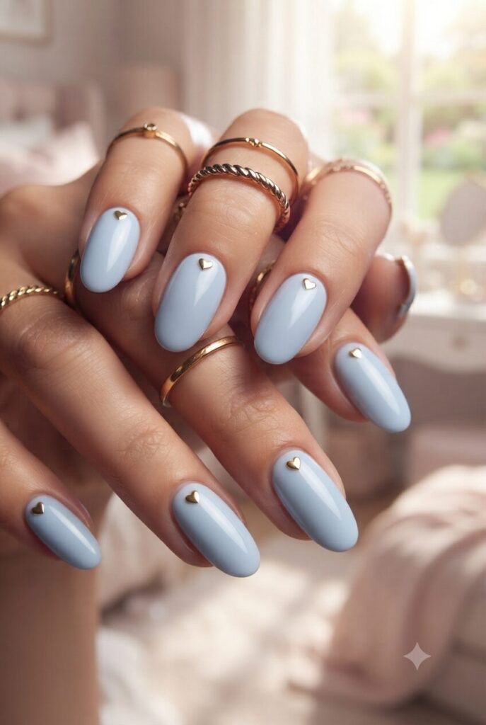Short oval nails with blue base and tiny gold heart accents