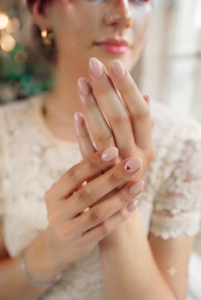 Short round nails with soft pink base and tiny red heart accent