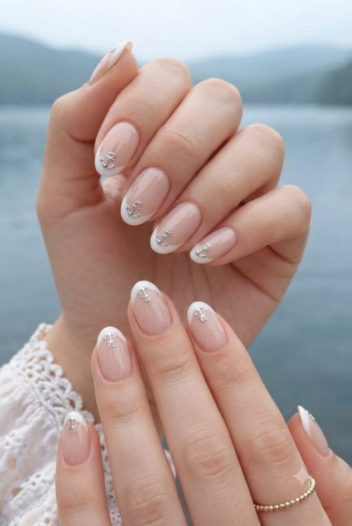 Short oval nails with nude base and tiny silver heart anchor accents