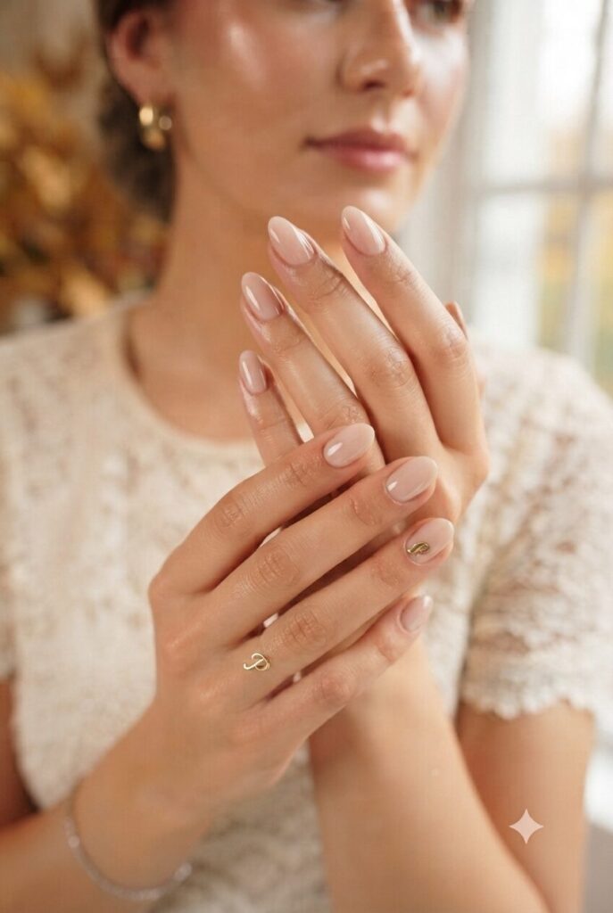 Short almond nails with nude base and tiny gold initial accent