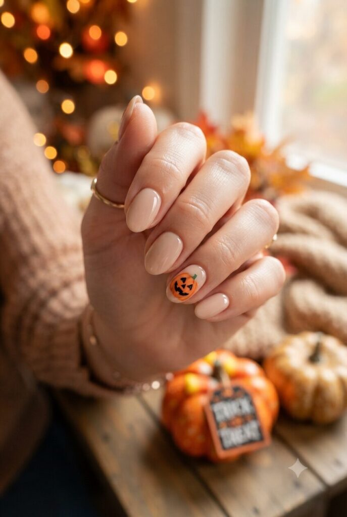 Short almond nails with nude base and tiny orange jack-o-lantern accent