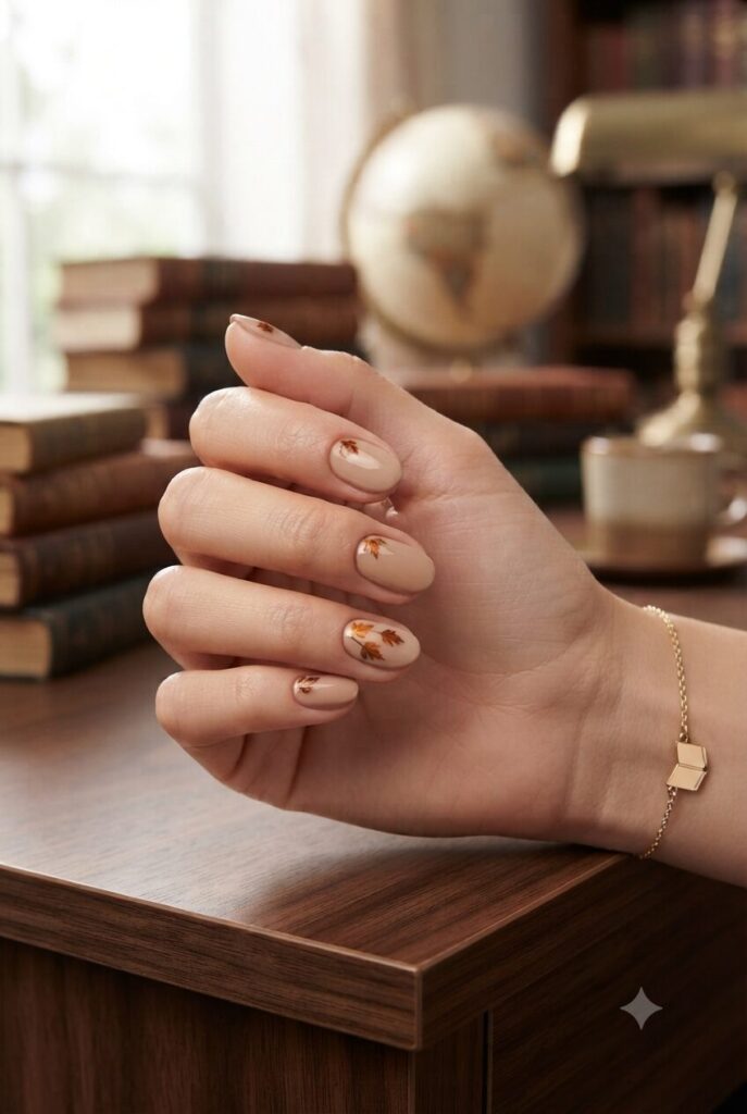 Short almond nails with nude base and tiny brown orange leaf accents