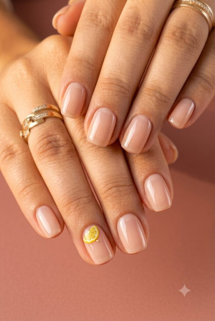 Short round nails with nude base and tiny lemon slice accent