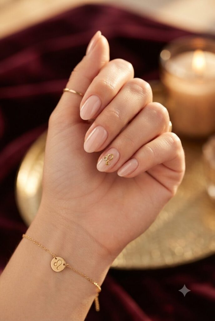 Short almond nails with nude base and tiny gold Leo zodiac symbol