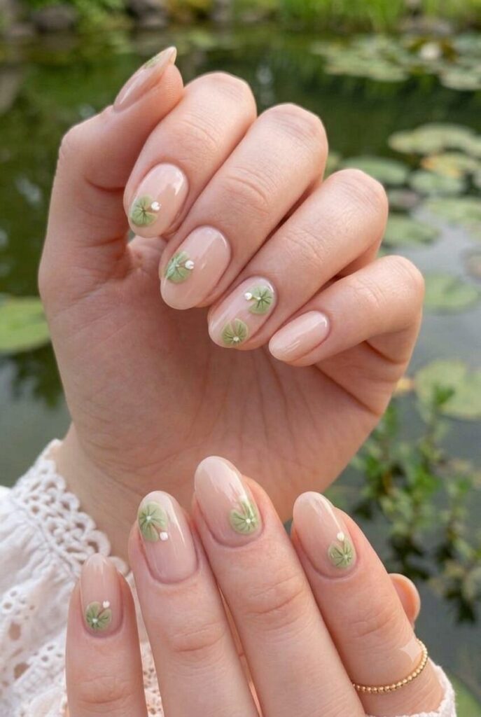 Short almond nails with nude base and tiny lily pad accents