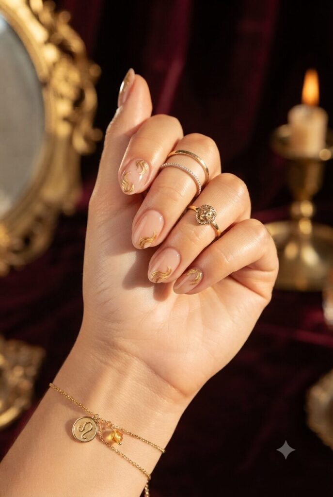 Short almond nails with nude base and gold lion mane swirl accents