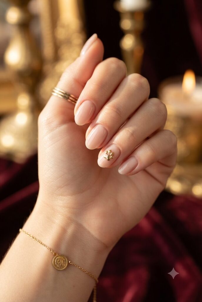 Short almond nails with nude base and tiny gold lion paw accents