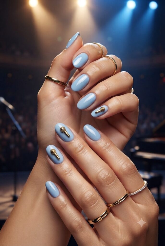 Short almond nails with blue base and tiny gold microphone accents