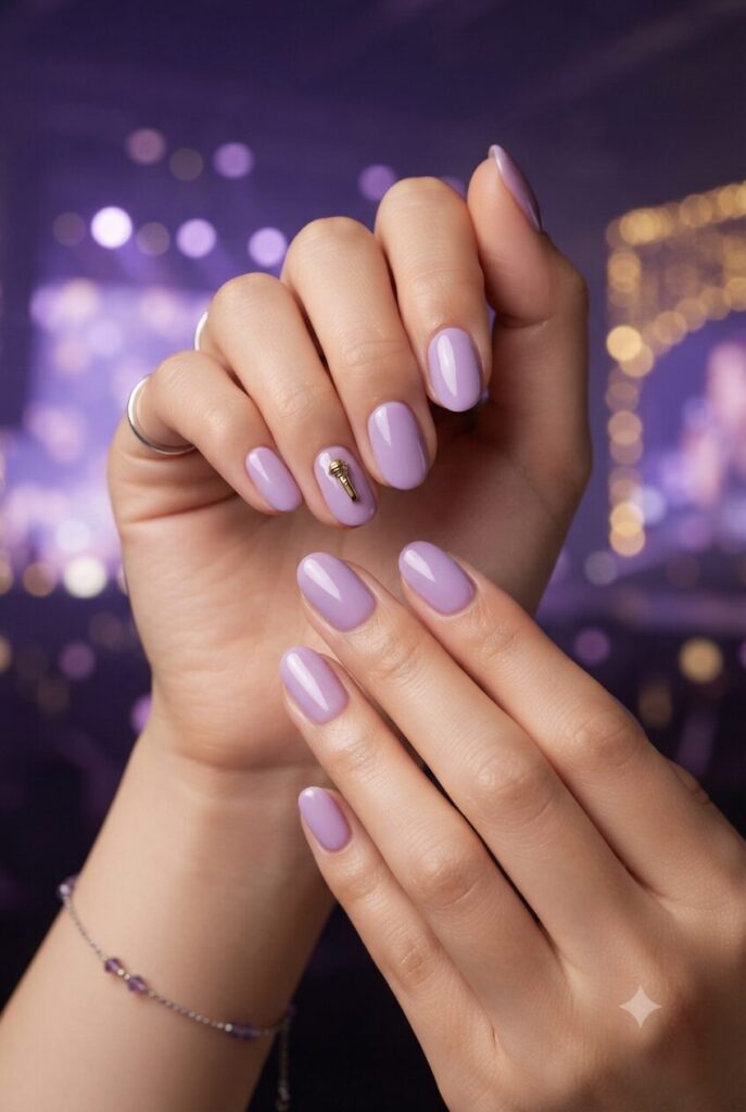 Short almond nails with purple base and tiny gold microphone accent