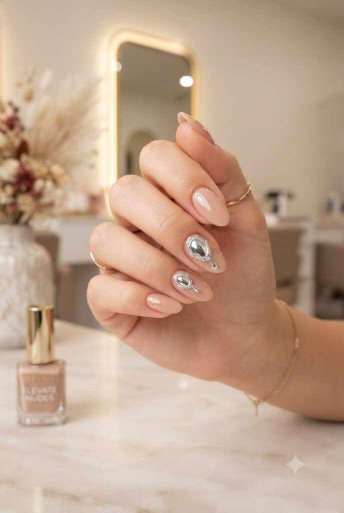 Short almond nails with nude base and tiny silver hand mirror accents